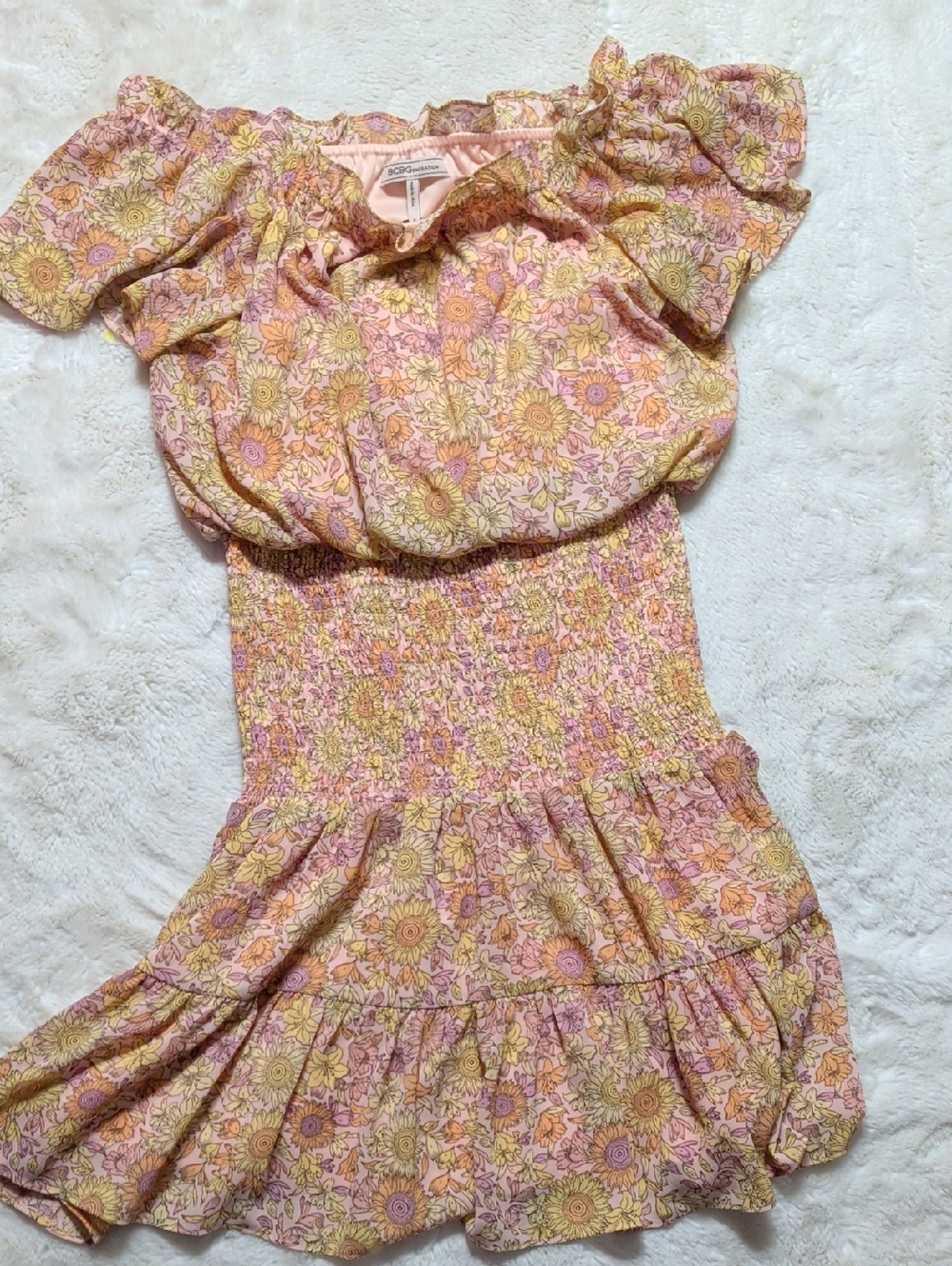 BCBG Floral Smocked Off-Shoulder Dress - Pink & Yellow